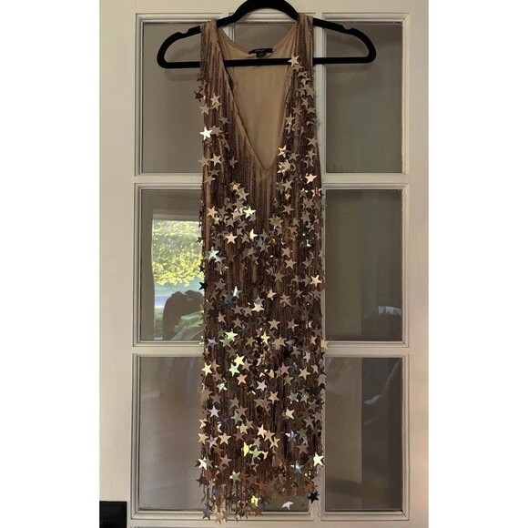 Nasty Gal Dresses & Skirts - Nasty Gal Women's Beige Mesh Sheer Star Sequin Beaded Mini Dress Top US 6